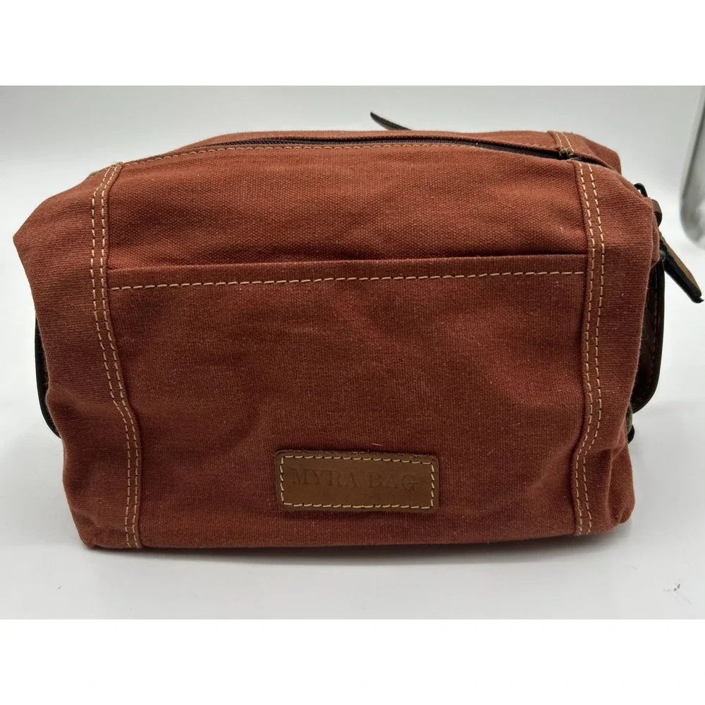 Myra Bag 8760 Western Village Leather & Upcycled‎ Canvas Shaving Kit Bag